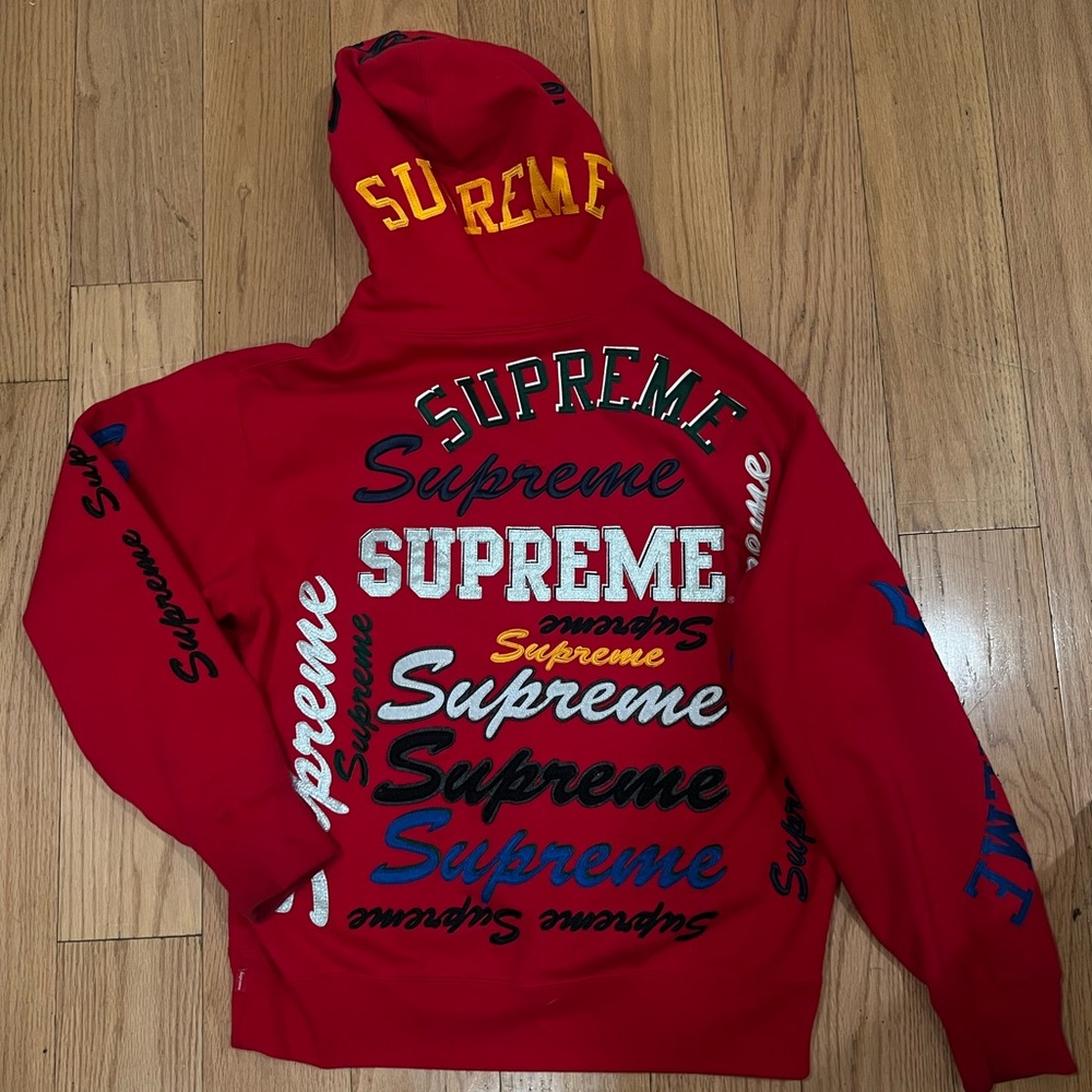 Supreme Red Hoodie with Multicolor Logos